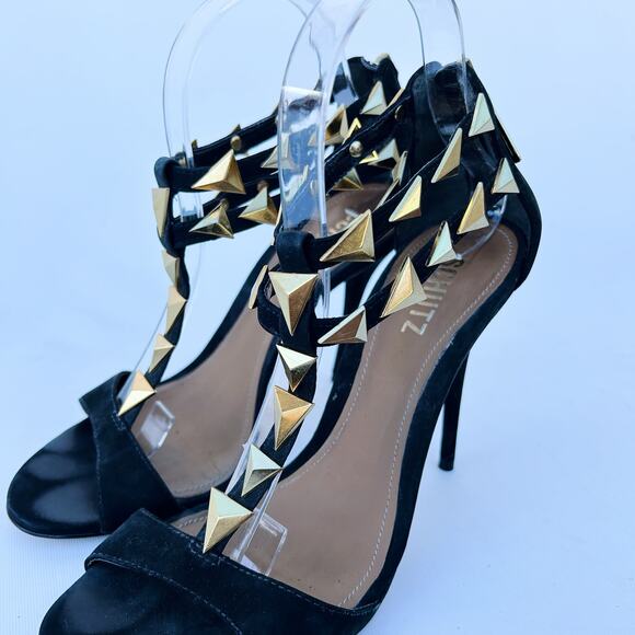 Schutz Black Suede Studded Heels Gold Ankle Strap Pointed Stiletto Pumps 8 39 - Picture 4 of 11